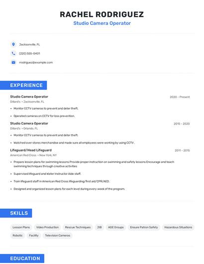 Studio Camera Operator Resume