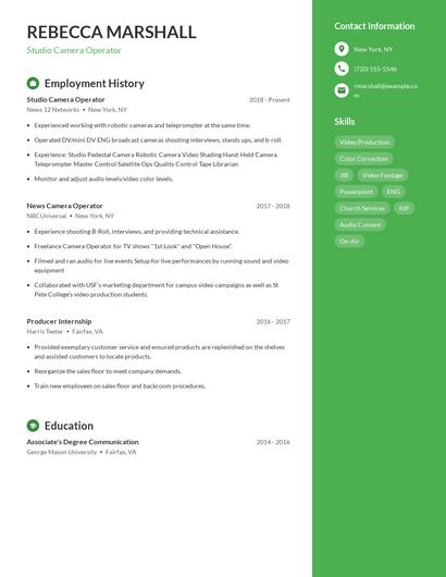 Studio Camera Operator Resume