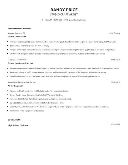 Studio Craft Artist Resume