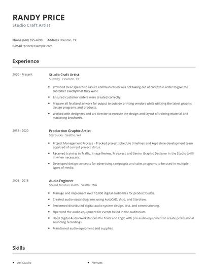 Studio Craft Artist Resume