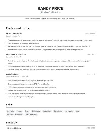 Studio Craft Artist Resume