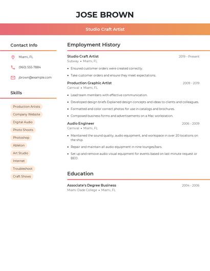 Studio Craft Artist Resume