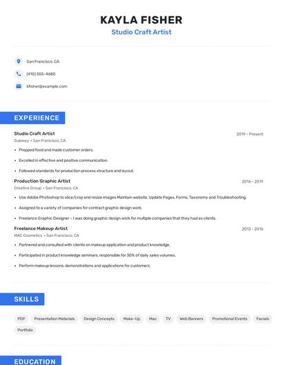 Studio Craft Artist Resume
