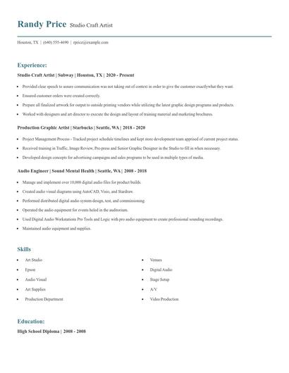 Studio Craft Artist Resume