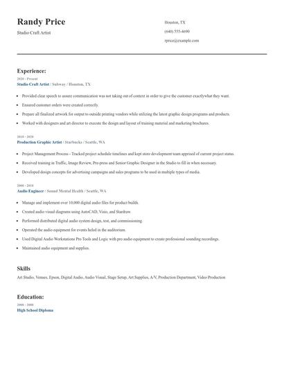 Studio Craft Artist Resume