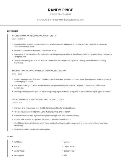 Studio Craft Artist Resume