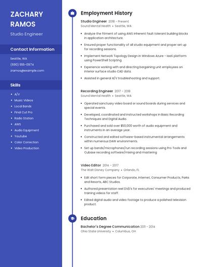 Studio Engineer Resume