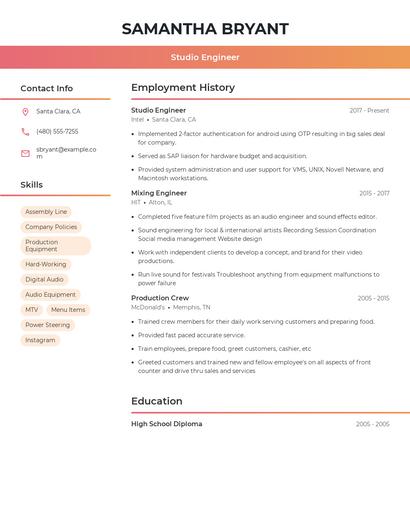 Studio Engineer Resume