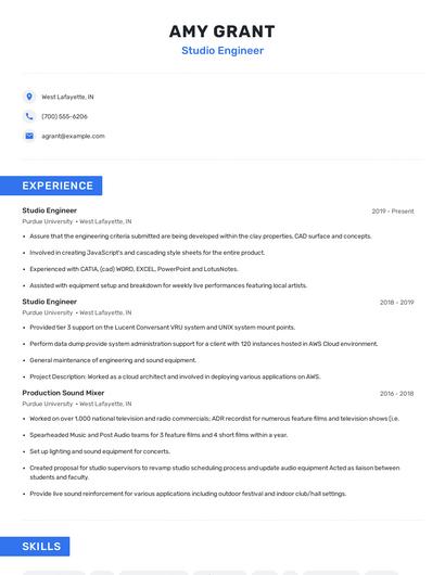 Studio Engineer Resume