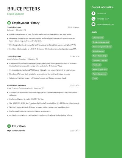 Studio Engineer Resume