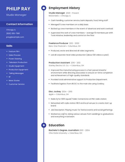 Studio Manager Resume
