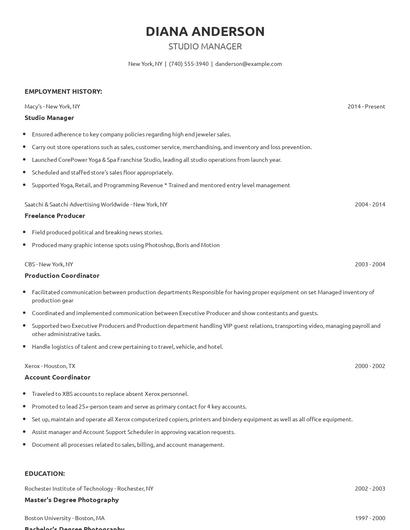 Studio Manager Resume