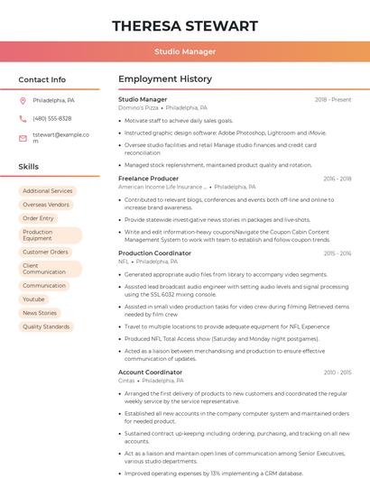 Studio Manager Resume