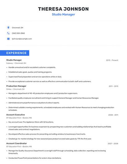 Studio Manager Resume