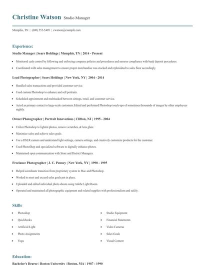 Studio Manager Resume