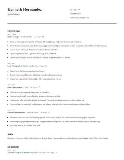 Studio Manager Resume
