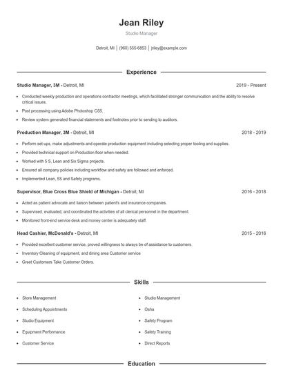 Studio Manager Resume