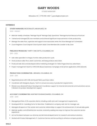 Studio Manager Resume