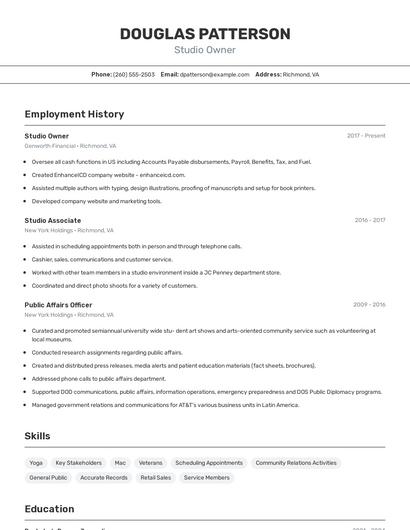 Studio Owner Resume