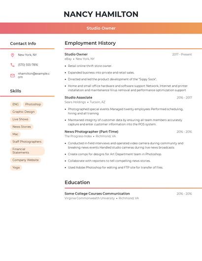 Studio Owner Resume