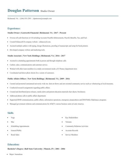 Studio Owner Resume