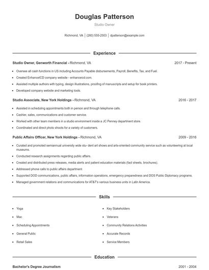 Studio Owner Resume
