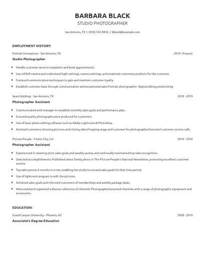 Studio Photographer Resume