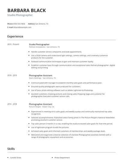Studio Photographer Resume