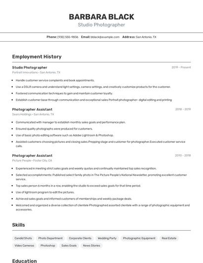 Studio Photographer Resume
