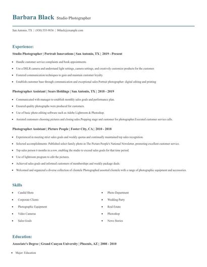 Studio Photographer Resume