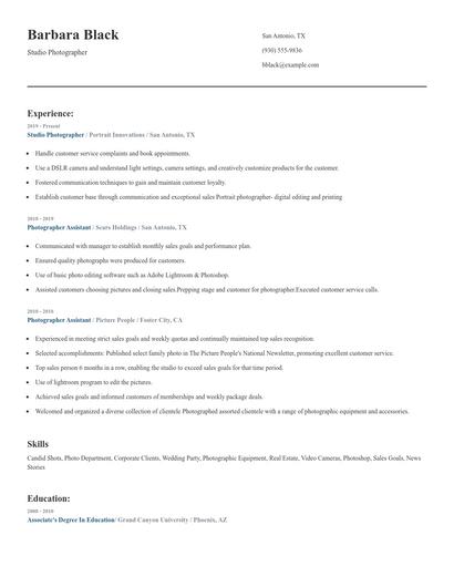 Studio Photographer Resume