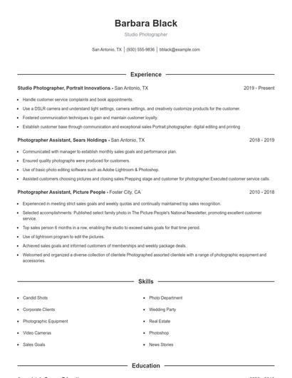 Studio Photographer Resume