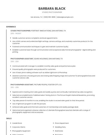Studio Photographer Resume