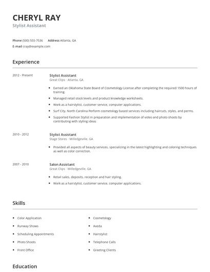 Stylist Assistant Resume