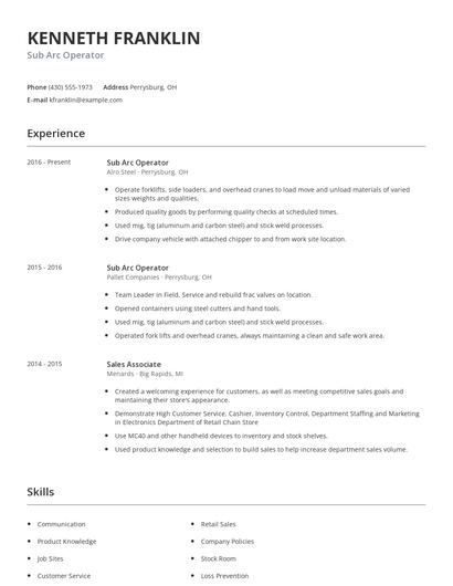 Sub Arc Operator Resume