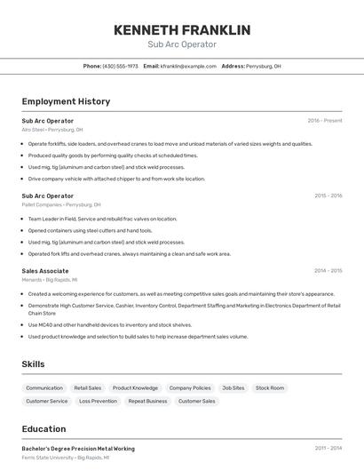 Sub Arc Operator Resume