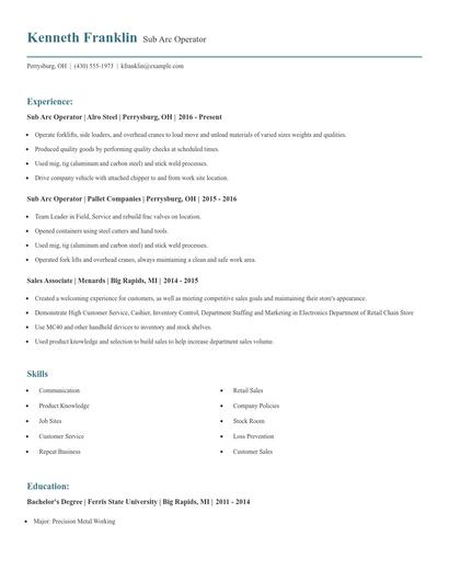 Sub Arc Operator Resume