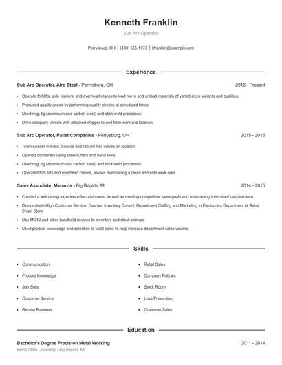 Sub Arc Operator Resume
