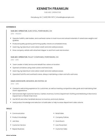 Sub Arc Operator Resume