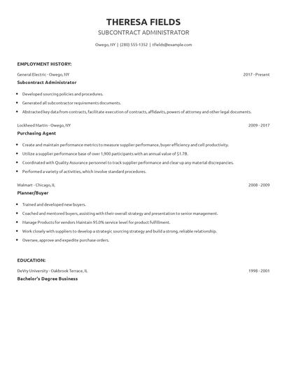 Subcontract Administrator Resume