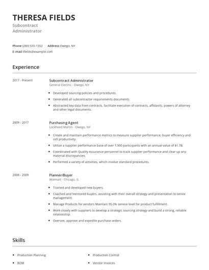 Subcontract Administrator Resume