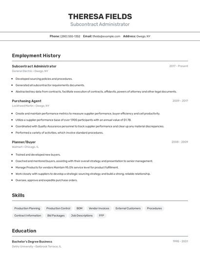 Subcontract Administrator Resume