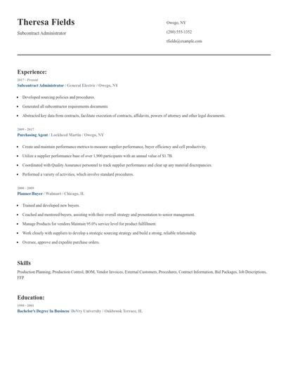 Subcontract Administrator Resume