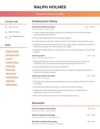 Substance Abuse Counselor Resume