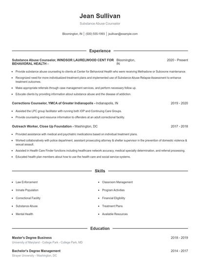 Substance Abuse Counselor Resume