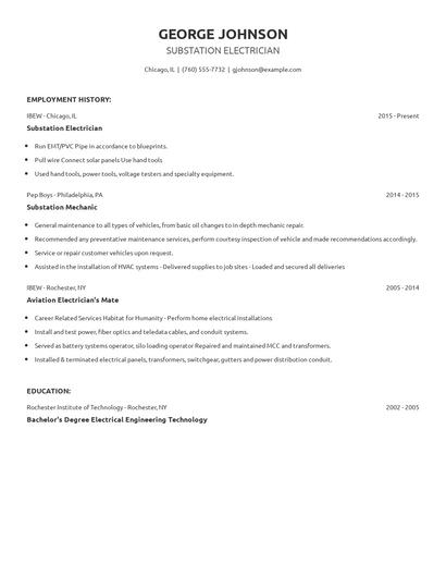 Substation Electrician Resume