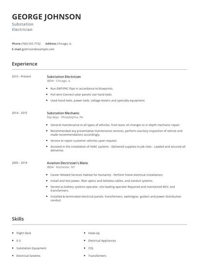 Substation Electrician Resume