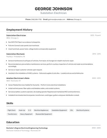 Substation Electrician Resume