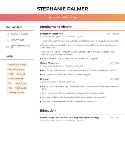 Substation Electrician Resume
