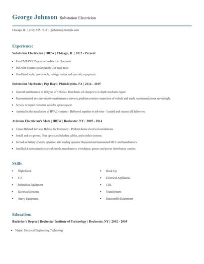 Substation Electrician Resume